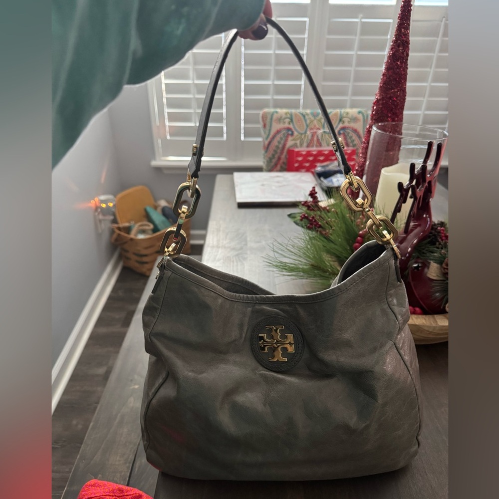 Tory Burch Gray Leather Hobo Bag